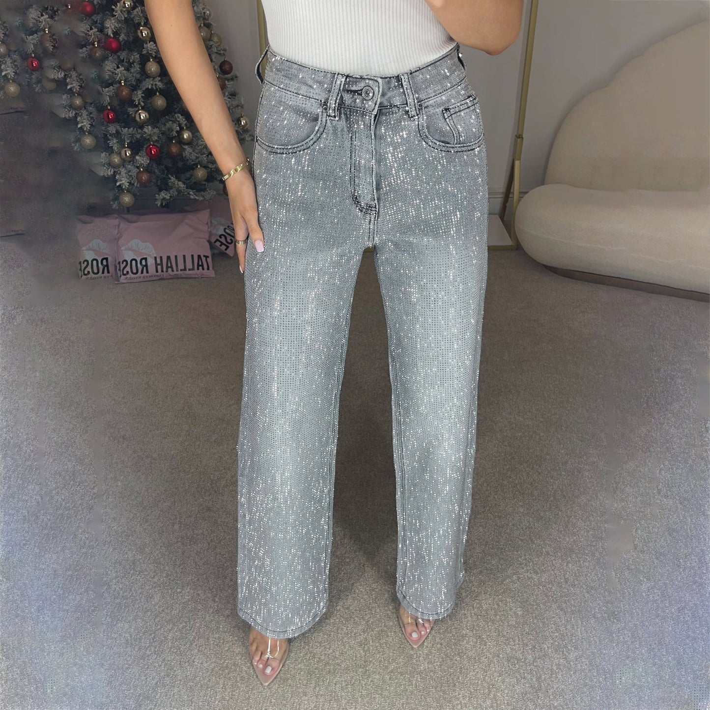 Jean Femme Brillant à Coupe Droite | Look Féminin et Moderne