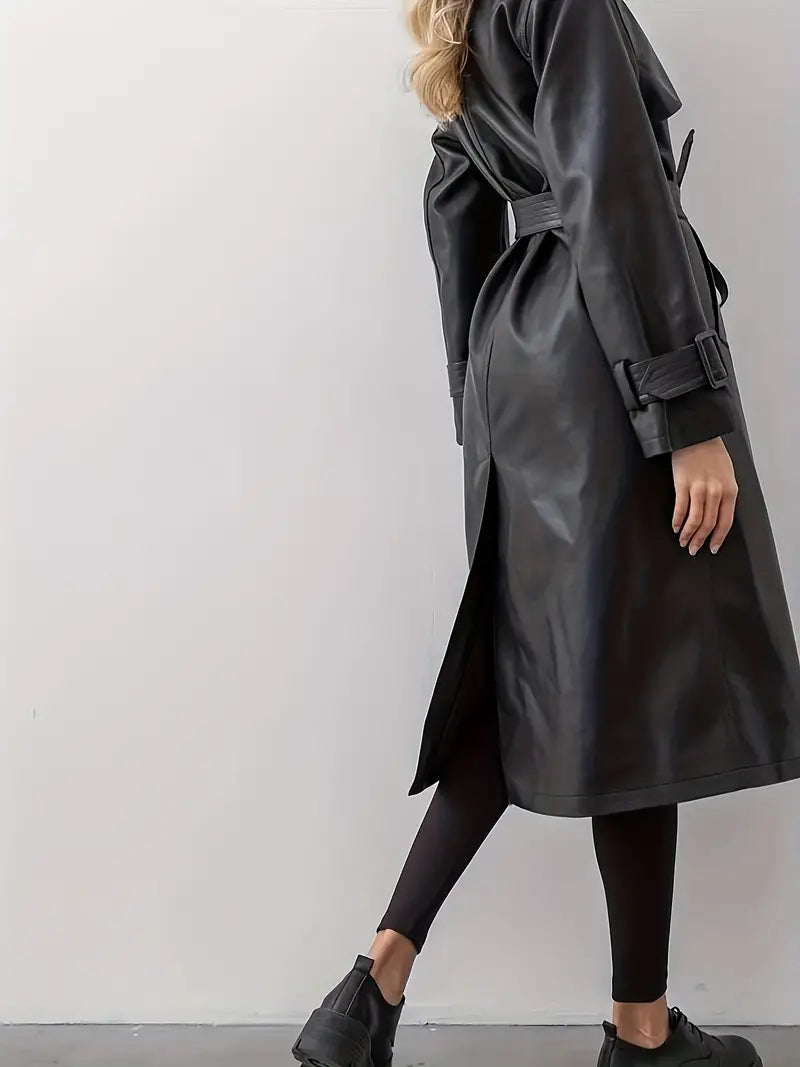 Pénélope | Trench Long Effet Cuir Femme, Col Revers et Ceinture Taille
