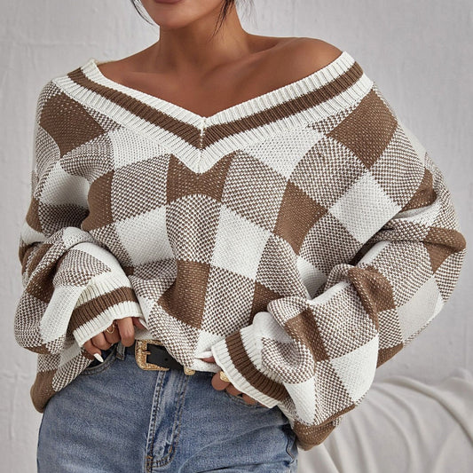 Clarisse –|Pull Femme à Carreaux Marron & Blanc, Col V, Coupe Ample