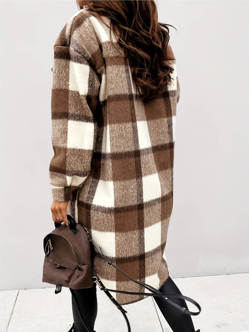 Véronique | Manteau Long Femme à Carreaux avec Boutons et Poche Poitrine
