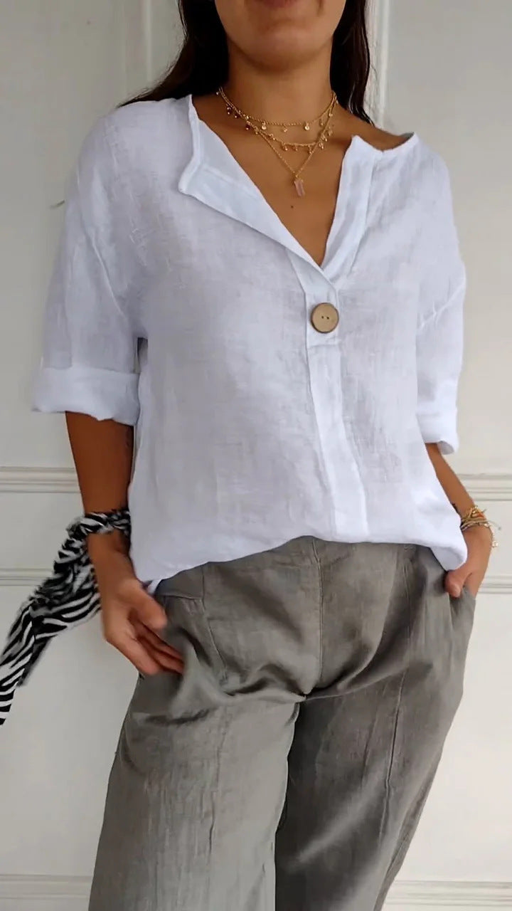 T-Shirt Femme à Col V avec Boutons – Style Décontracté pour le Quotidien