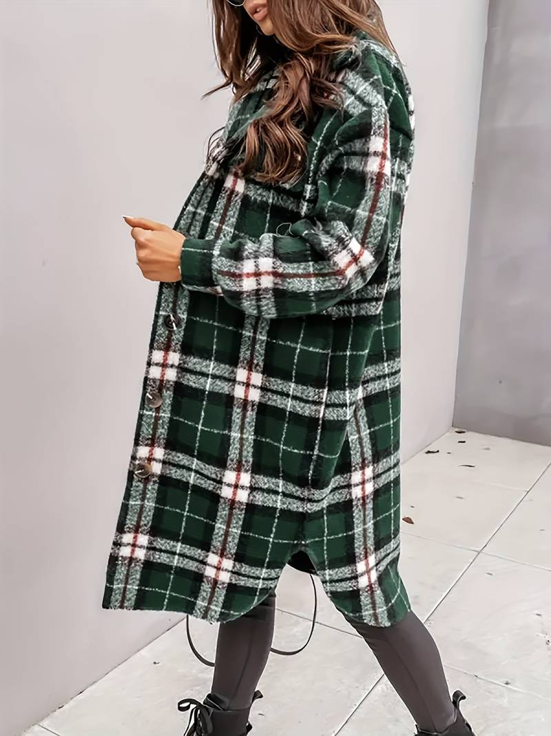 Véronique | Manteau Long Femme à Carreaux avec Boutons et Poche Poitrine
