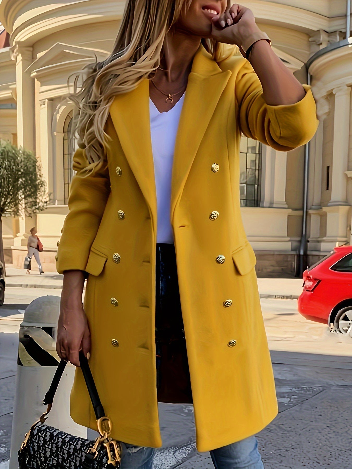 Esme | Manteau Femme Jaune Élégant à Double Boutonnage, Longue Coupe avec Col Revers