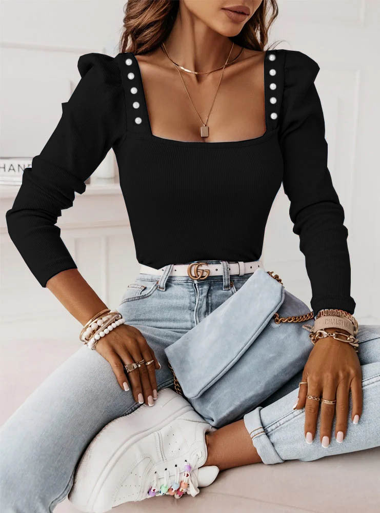 Top Femme Élégant à Col Carré avec Boutons Décoratifs et Coupe Ajustée