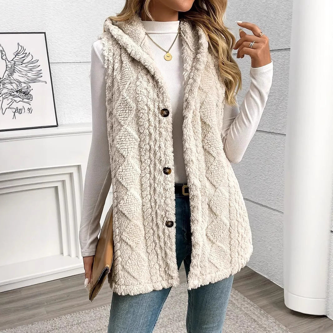 Aude | Gilet long teddy sans manches à capuche femme