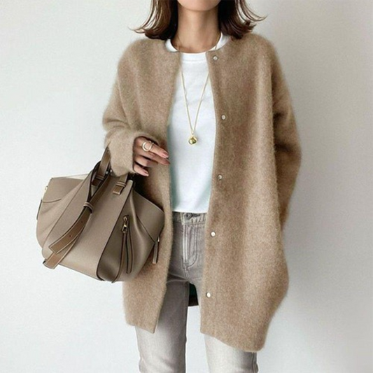 Fernande | Cardigan Long Femme Boutonné, Tricot de Qualité et Élégant