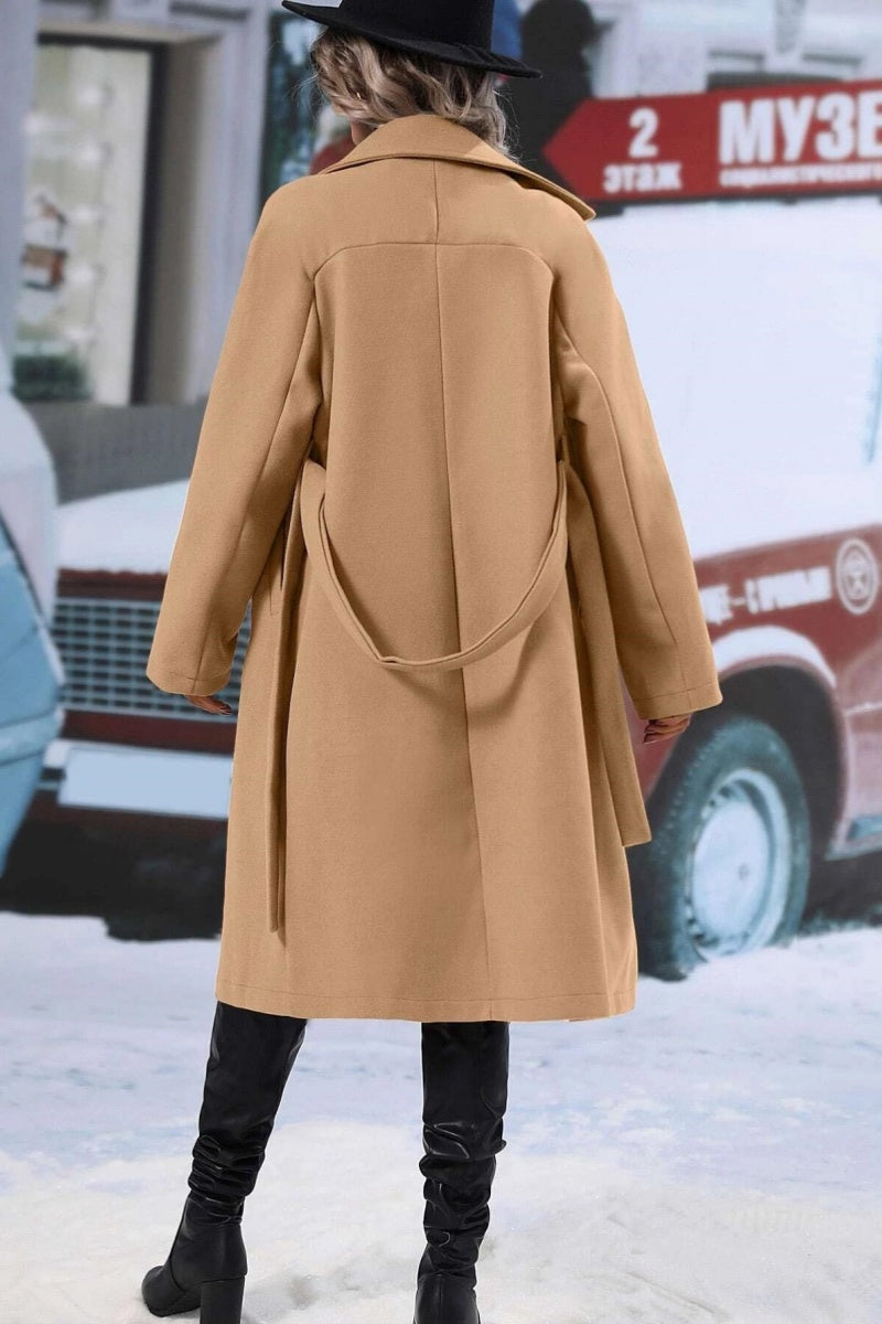 Gabrielle | Long Coat Femme en Mélange Laine, Double-Breasted avec Ceinture et Col à Revers