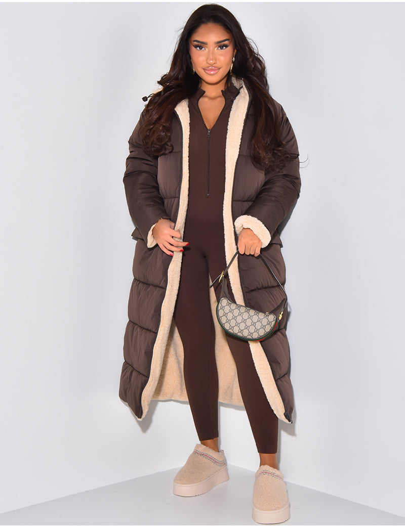 Raymonde | Manteau Long Réversible Femme Doublé Polaire avec Capuche Chaud et Élégant