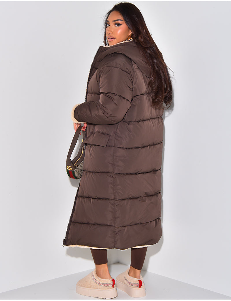 Raymonde | Manteau Long Réversible Femme Doublé Polaire avec Capuche Chaud et Élégant