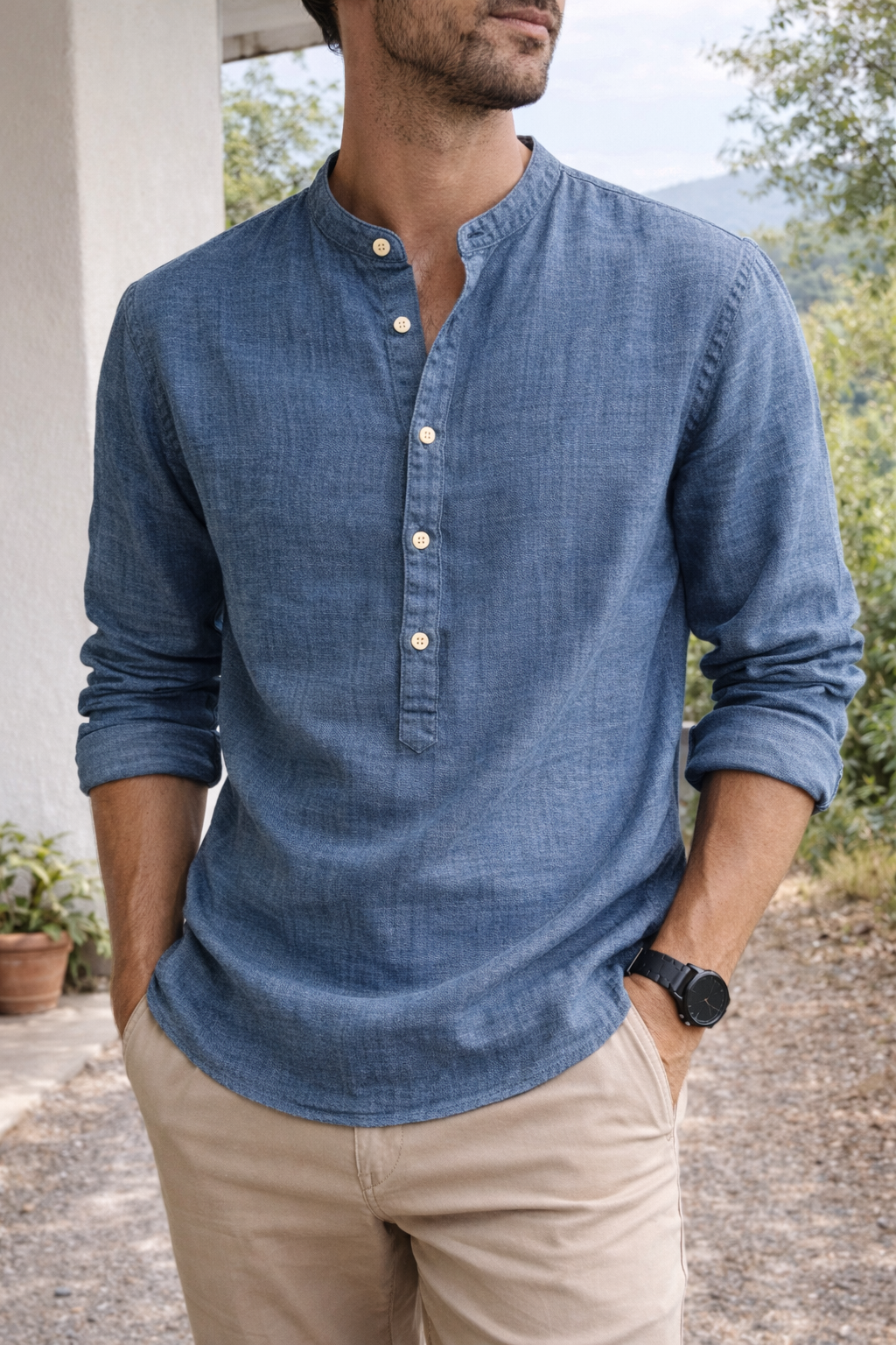 Chemise Homme en Lin à Col Grand-Père – Style Smart-Casual Respirant