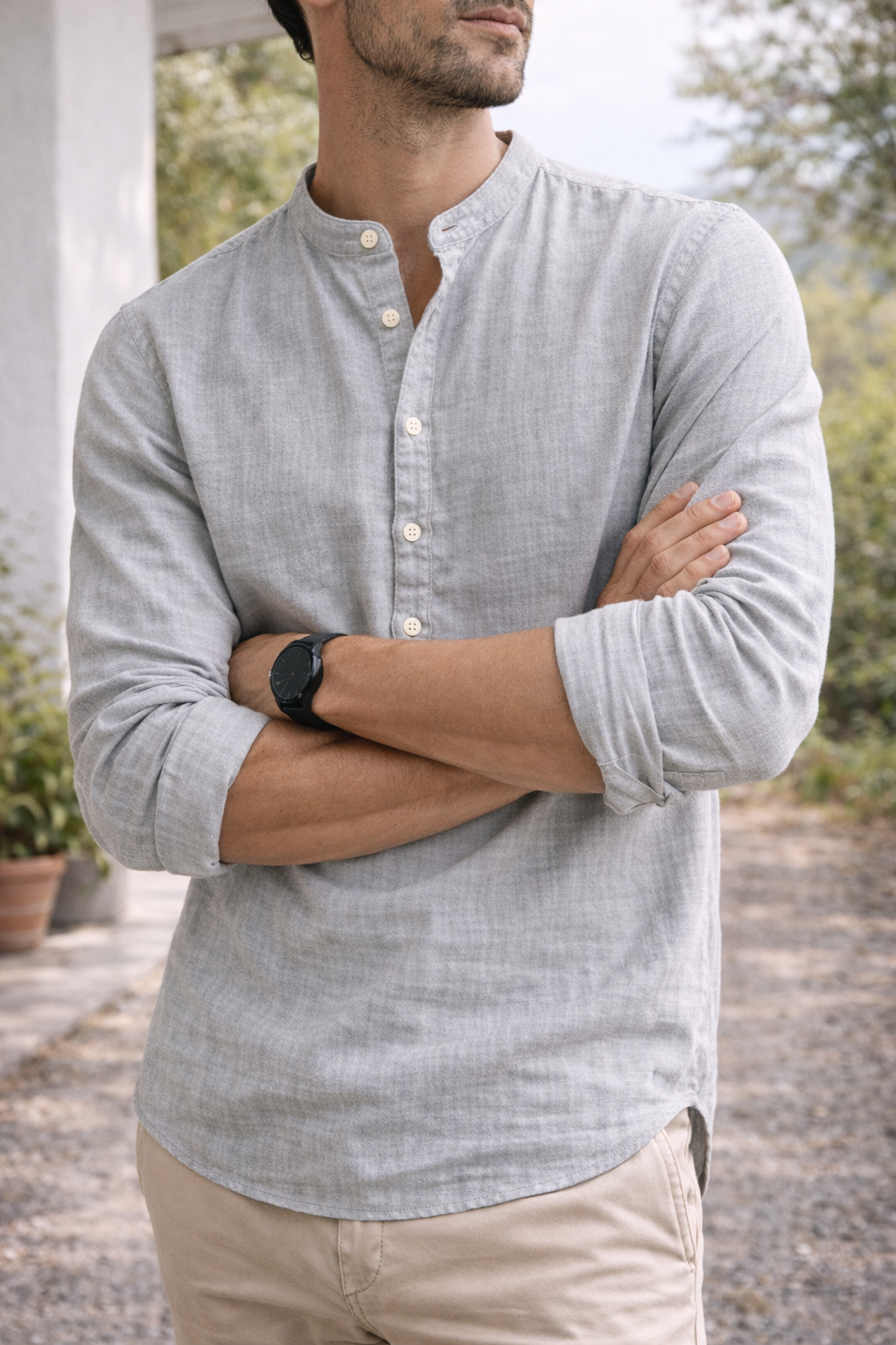 Chemise Homme en Lin à Col Grand-Père – Style Smart-Casual Respirant