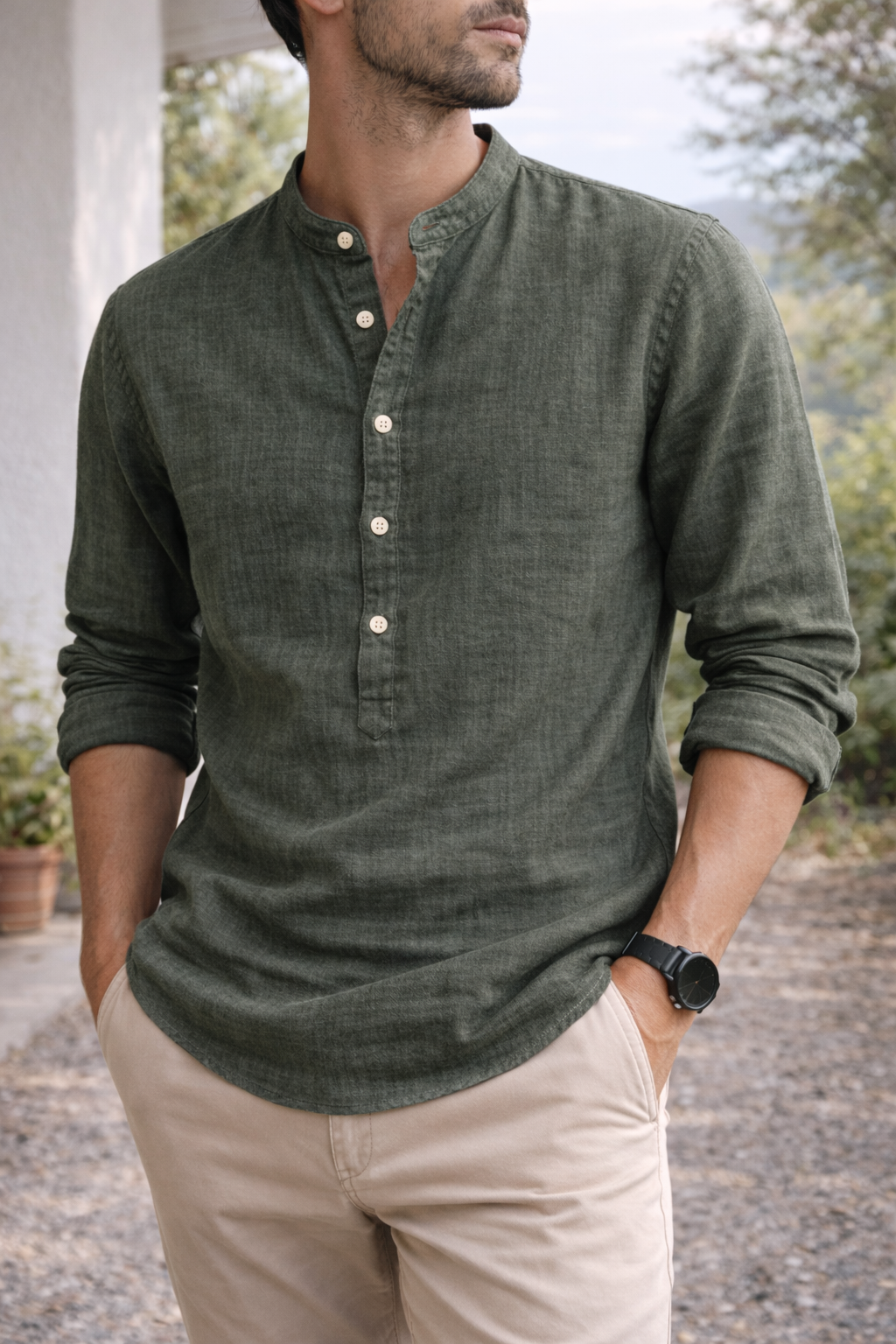 Chemise Homme en Lin à Col Grand-Père – Style Smart-Casual Respirant