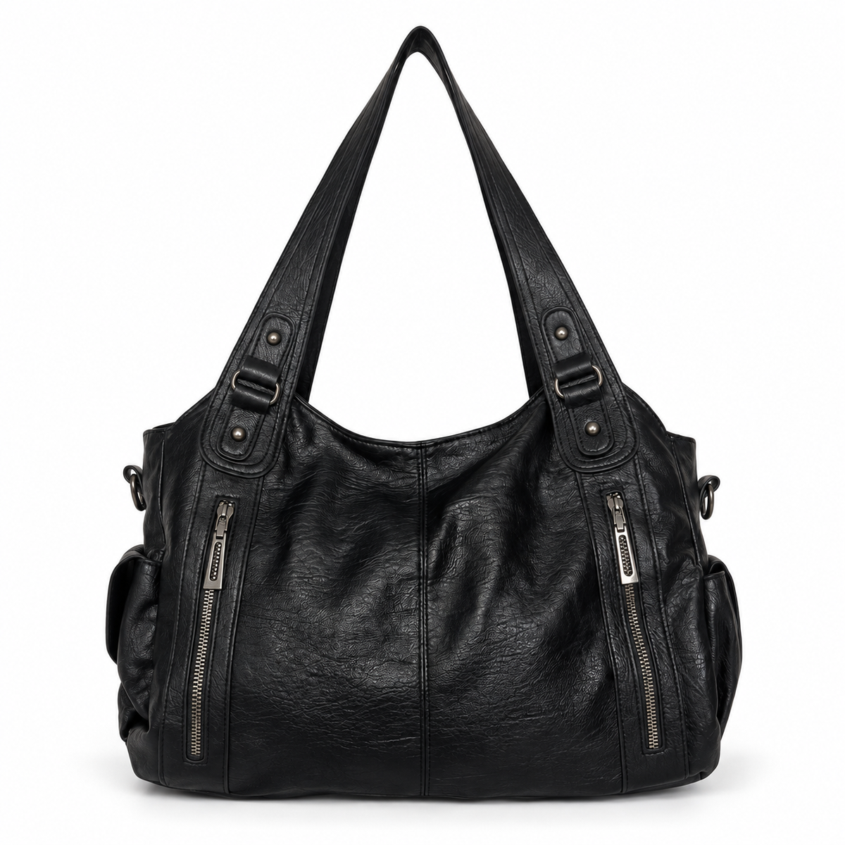 Sac à bandoulière femme | Sac souple en similicuir vegan grainé avec poches zippées