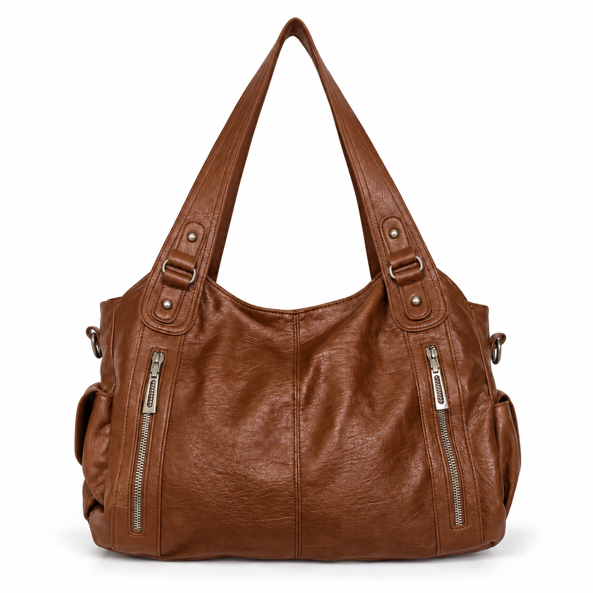 Sac à bandoulière femme | Sac souple en similicuir vegan grainé avec poches zippées