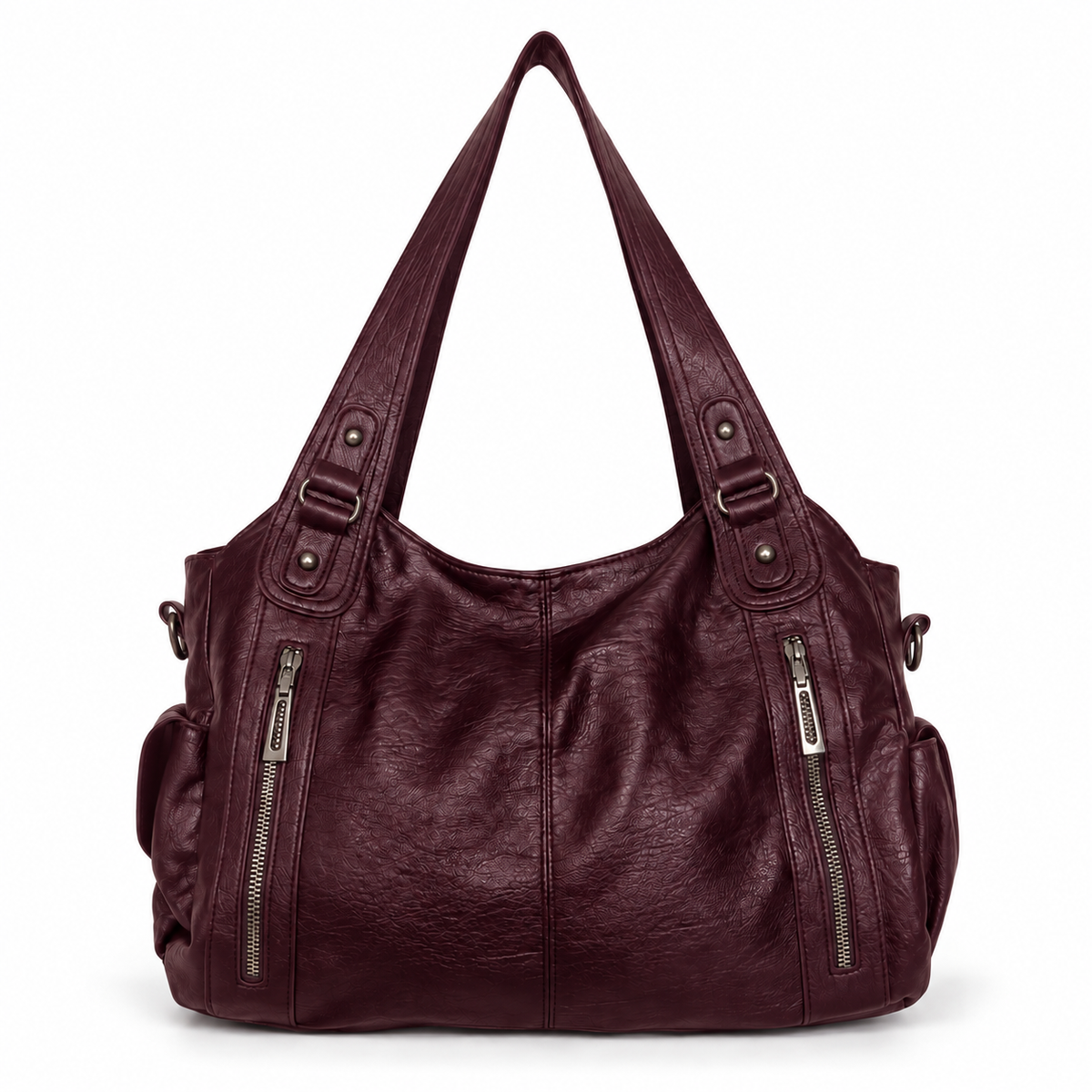 Sac à bandoulière femme | Sac souple en similicuir vegan grainé avec poches zippées