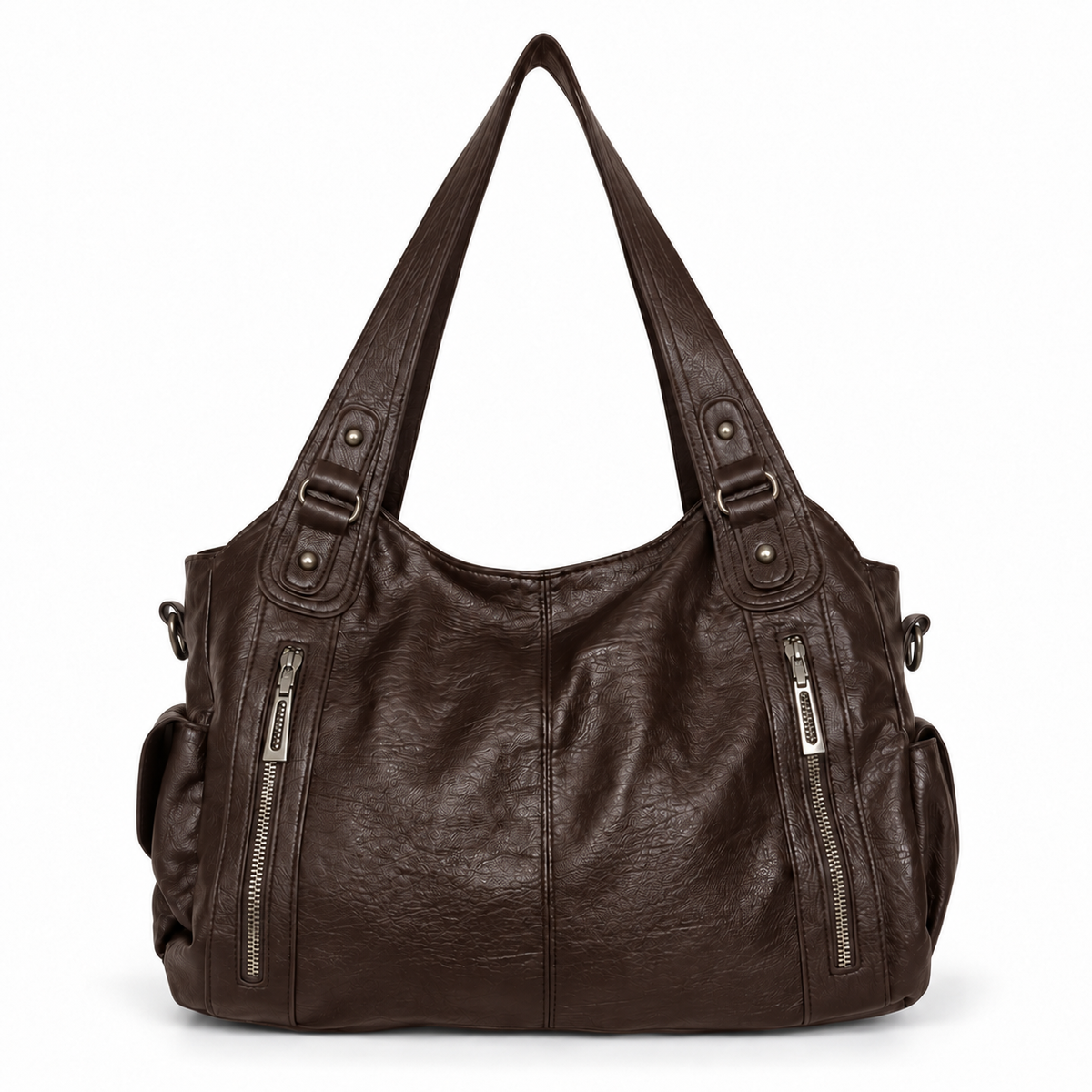 Sac à bandoulière femme | Sac souple en similicuir vegan grainé avec poches zippées