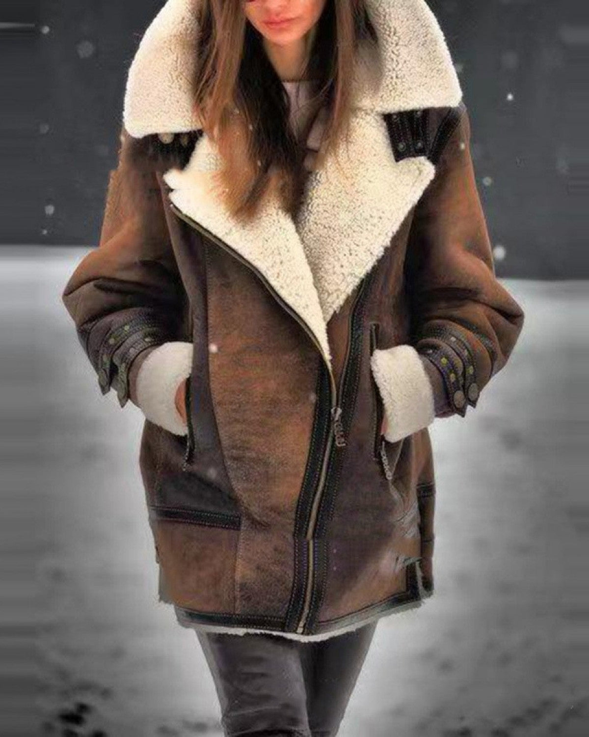 Monique | Veste Hivernale Oversize en Simili Cuir avec Doublure Fleece