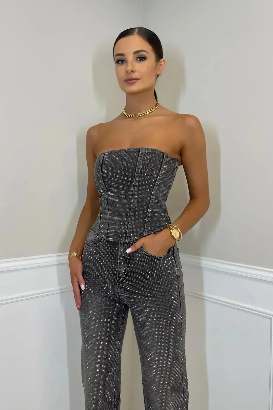 Jumpsuit Femme Sans Bretelles avec Effet Pailleté | Chic et Glamour pour Soirées