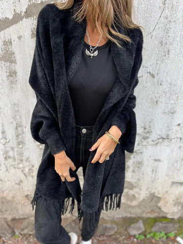 Ethel | Cardigan Long Femme à Manches Longues avec Franges et Écharpe Tricotée