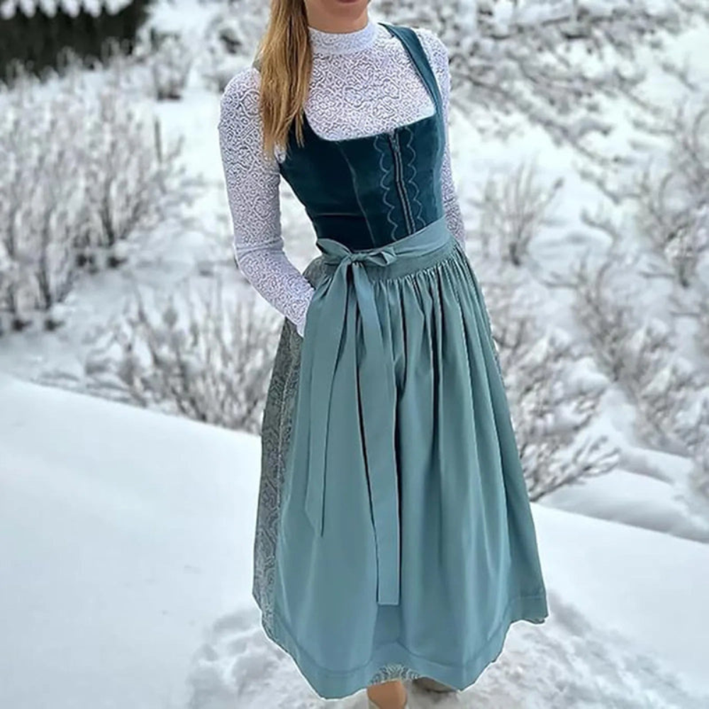 Orianne | Robe Dirndl Vintage Brodée à Zip et Taille Ceinturée, Col Carré, Sans Manches, Mi-Longue