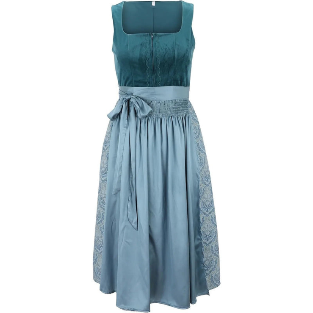 Orianne | Robe Dirndl Vintage Brodée à Zip et Taille Ceinturée, Col Carré, Sans Manches, Mi-Longue