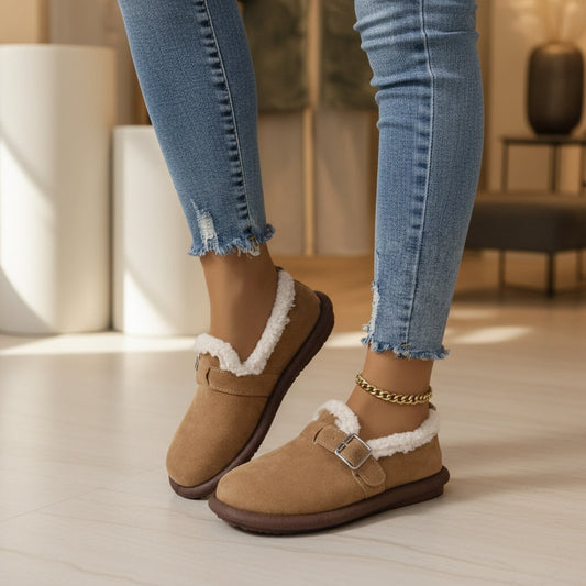 Chaussons Chauds avec Fourrure et Boucle pour Femme