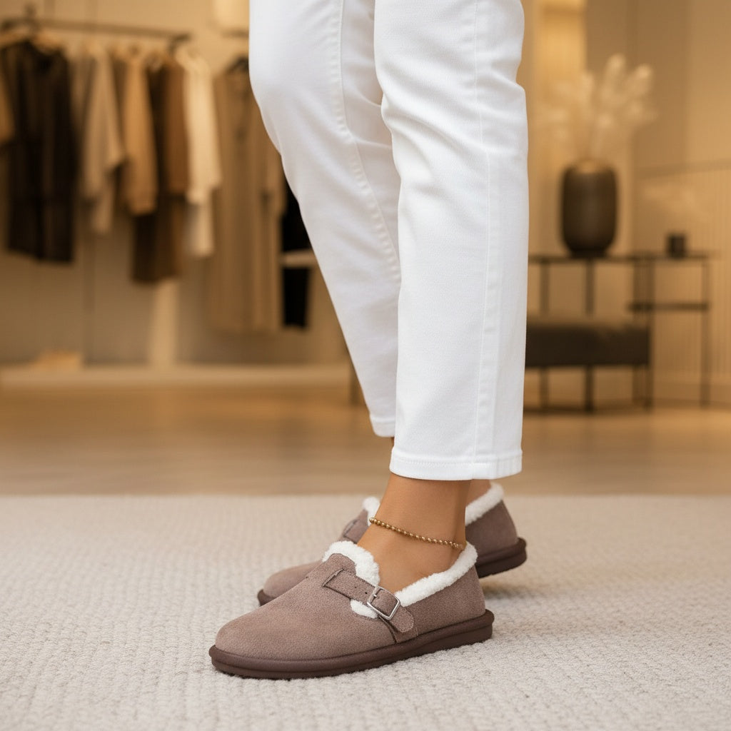 Chaussons Chauds avec Fourrure et Boucle pour Femme