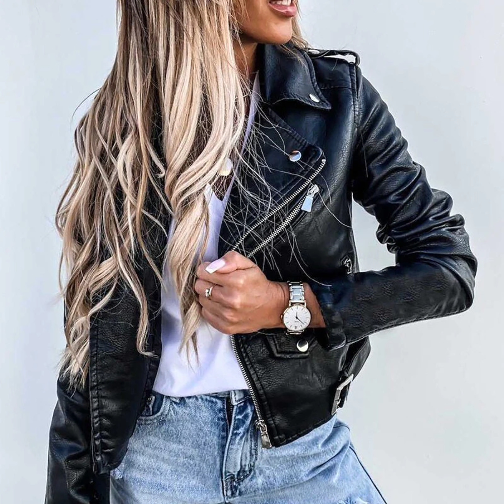 Thérèse | Veste Femme Style Cuir Élégante avec Col à Revers et Fermeture Zippée