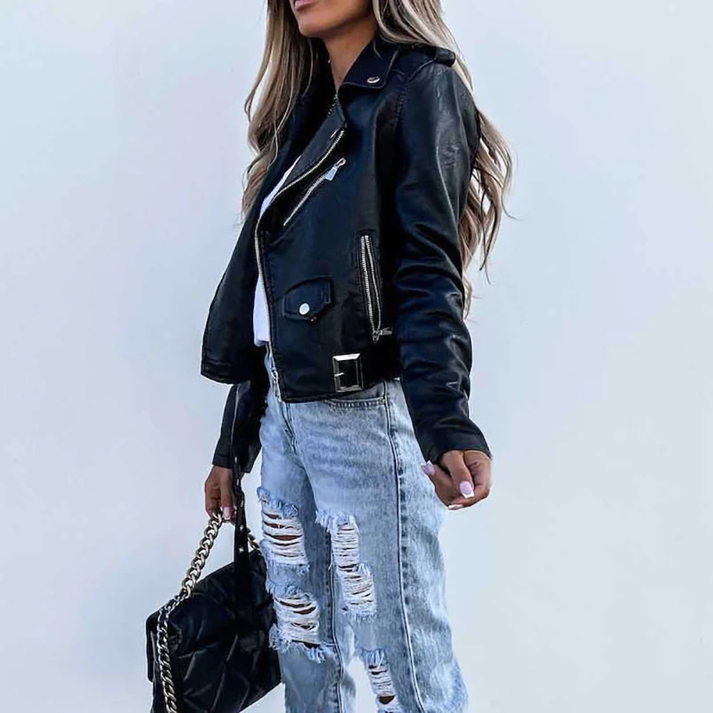Thérèse | Veste Femme Style Cuir Élégante avec Col à Revers et Fermeture Zippée