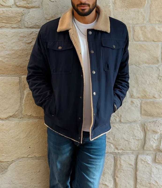 Veste Homme | Col Revers & Zip | Molleton Sherpa Doublée – Coupe Mi-Saison