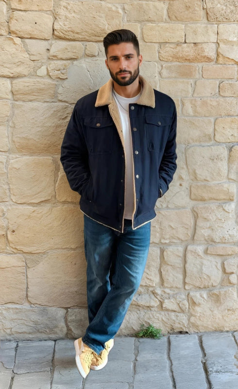 Veste Homme | Col Revers & Zip | Molleton Sherpa Doublée – Coupe Mi-Saison