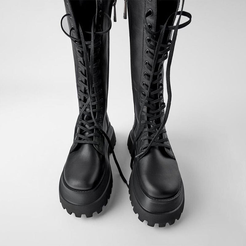 Taïs | Bottes Hautes Femme Noires à Lacets avec Semelle Track