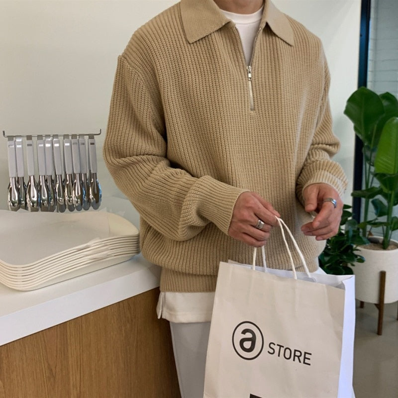 Half-Zip Sweater Homme | Pull Col Revers Zippé | Maille Chaude & Élégante