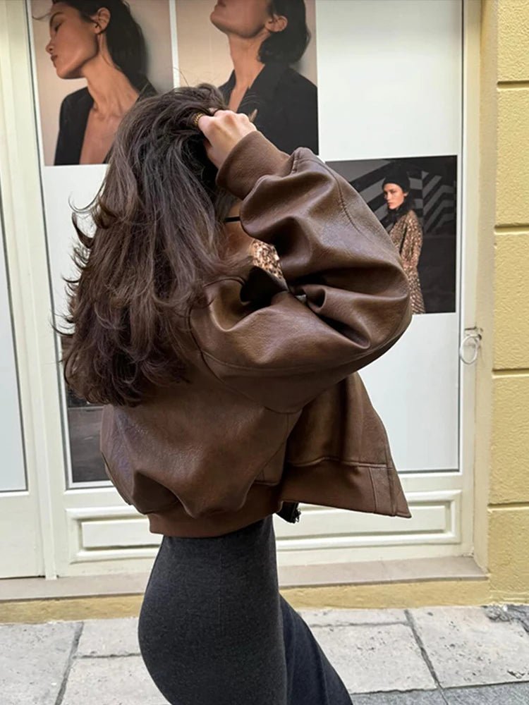Veste Courte Femme Effet Cuir | Bomber Zippé Marron
