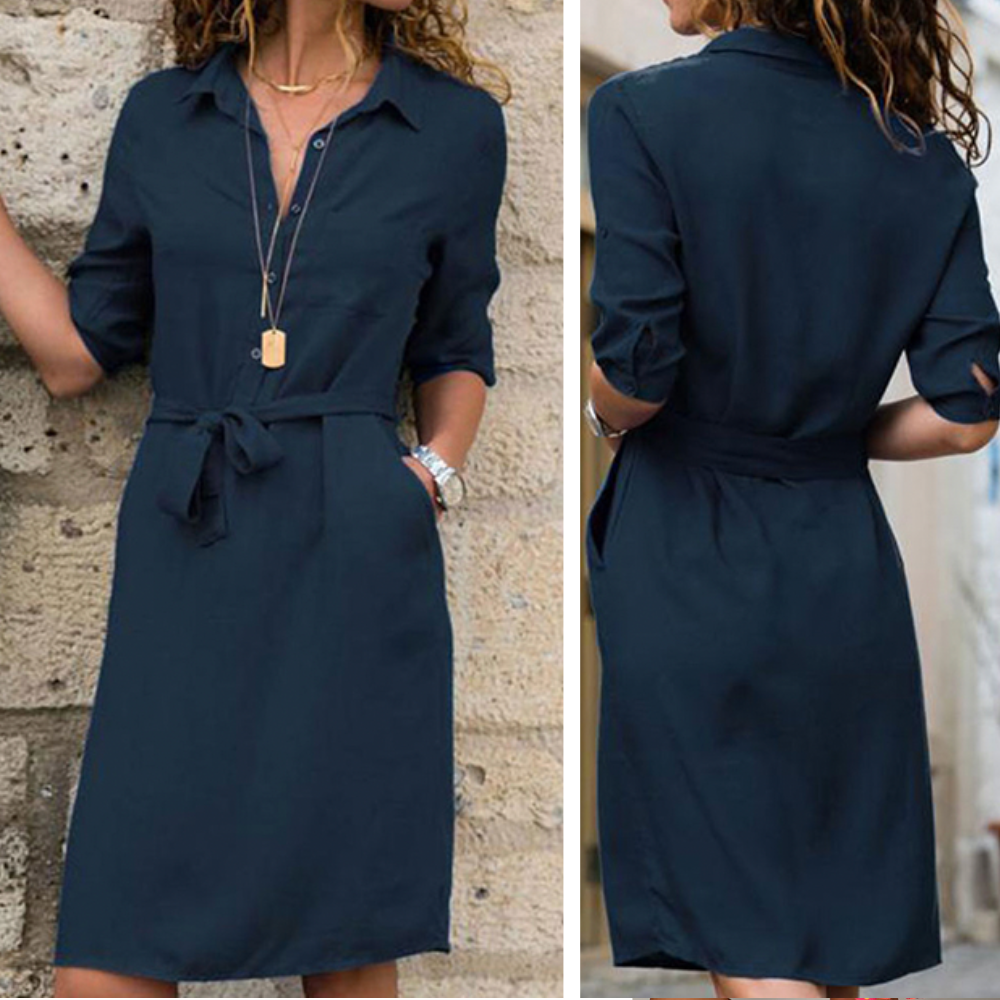 Morgane | Robe Femme Élégante Unie avec Col Revers, Boutonnage Partiel & Ceinture à Nouer