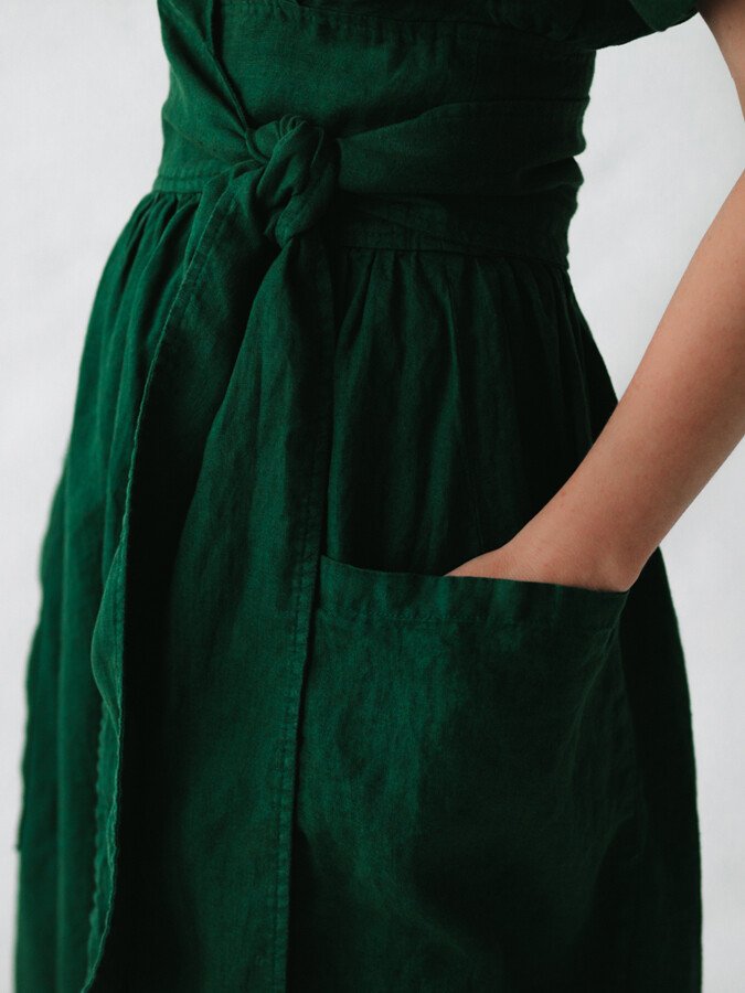 Mélanie | Linen Dress - Robe Midi en Lin Naturel à Ceinture Nouée et Poches