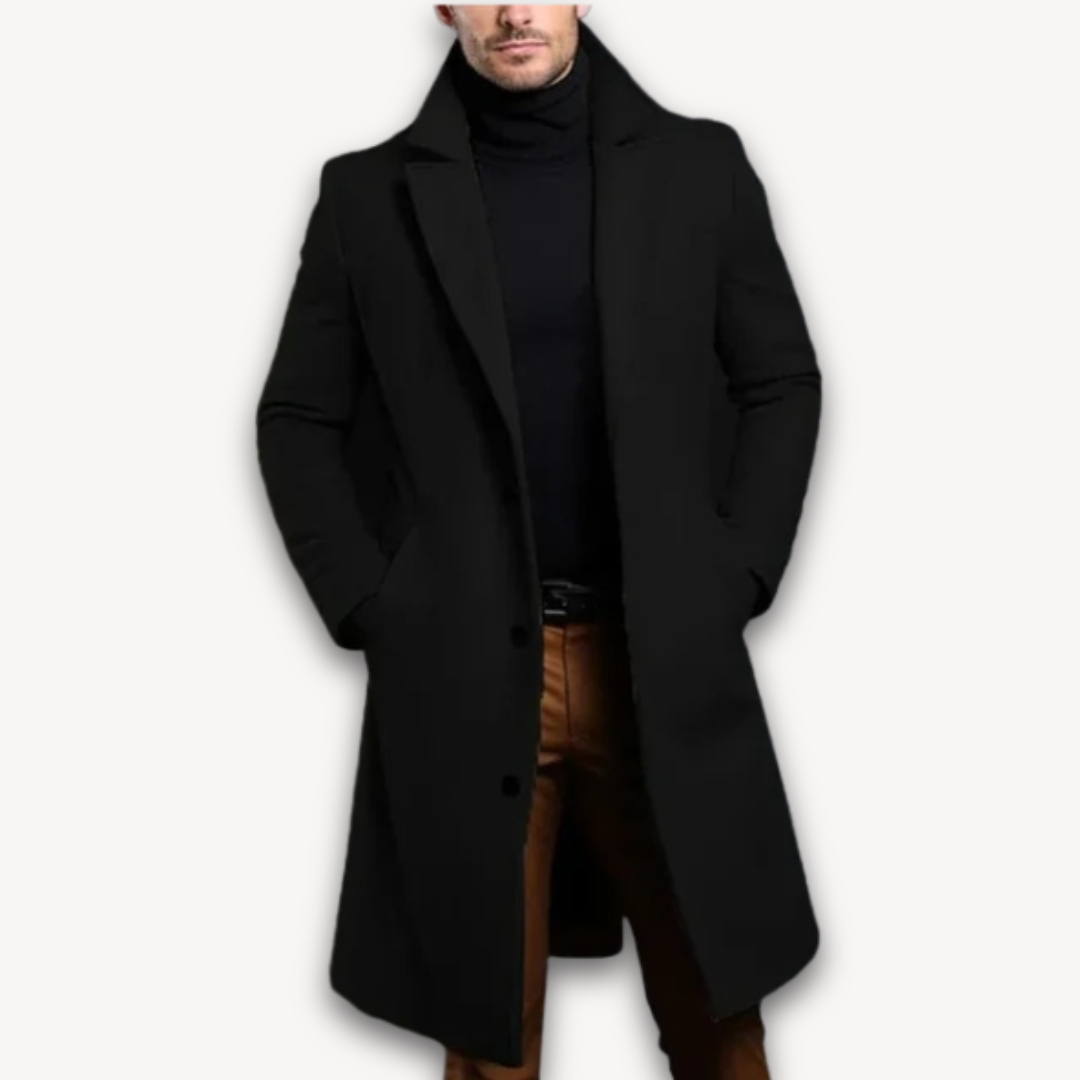 Manteau Homme | Manteau Long en Laine | Col Revers et Boutons, Couleur Unie