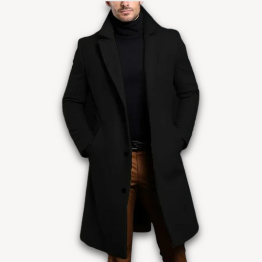 Manteau Homme | Manteau Long en Laine | Col Revers et Boutons, Couleur Unie