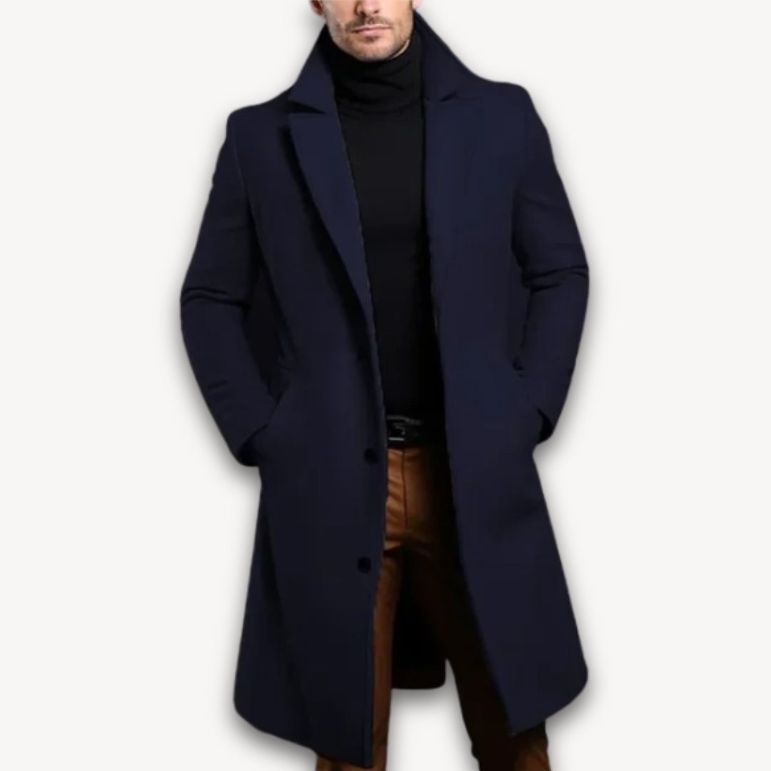 Manteau Homme | Manteau Long en Laine | Col Revers et Boutons, Couleur Unie