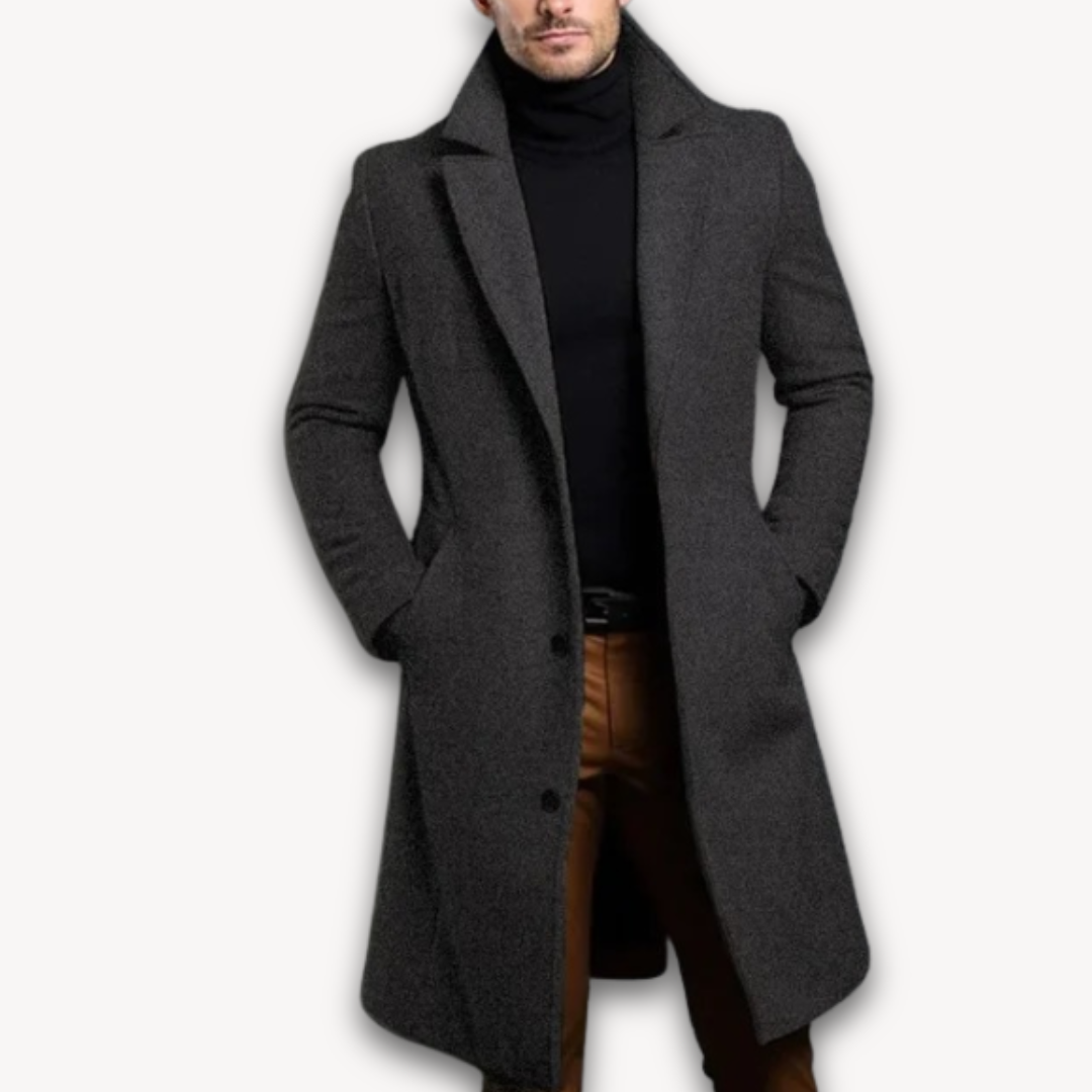 Manteau Homme | Manteau Long en Laine | Col Revers et Boutons, Couleur Unie