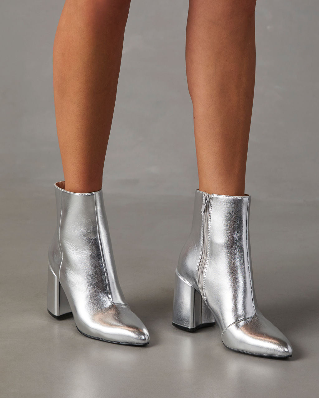Amélie | Bottines Femme Argentées Brillantes à Talon Bloc avec Fermeture Éclair