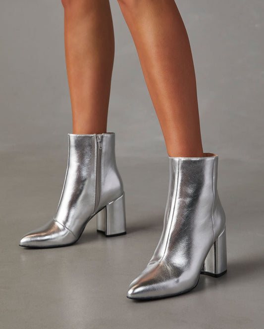 Amélie | Bottines Femme Argentées Brillantes à Talon Bloc avec Fermeture Éclair
