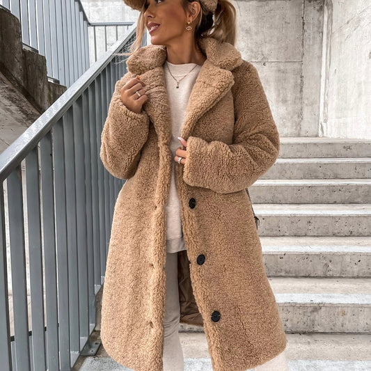 Manteau Femme en Tissu Teddy | Manteau Hiver Chaud et Élégant | Coupe Ajustée avec Col Large