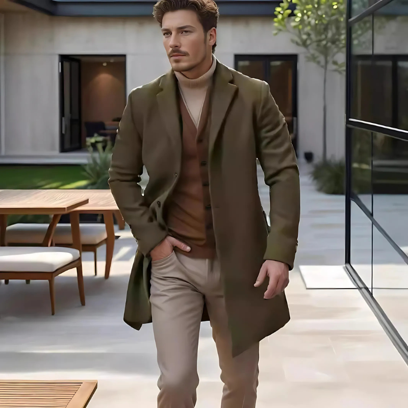 Brian | Trench Coat Homme Classique en Laine, Coupe Regular Fit, Mi-Long, Simple Boutonnage avec Poches Latérales