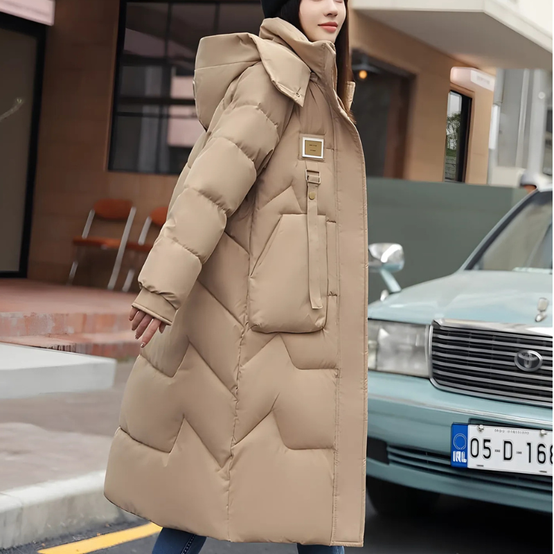 Félicine - Long Winter Trench Coat Femme Oversized, Matelassé et Isolé avec Capuche et Col Montant