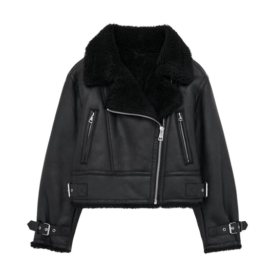 Veste Courte Femme Hiver en Simili Cuir avec Col Fausse Fourrure