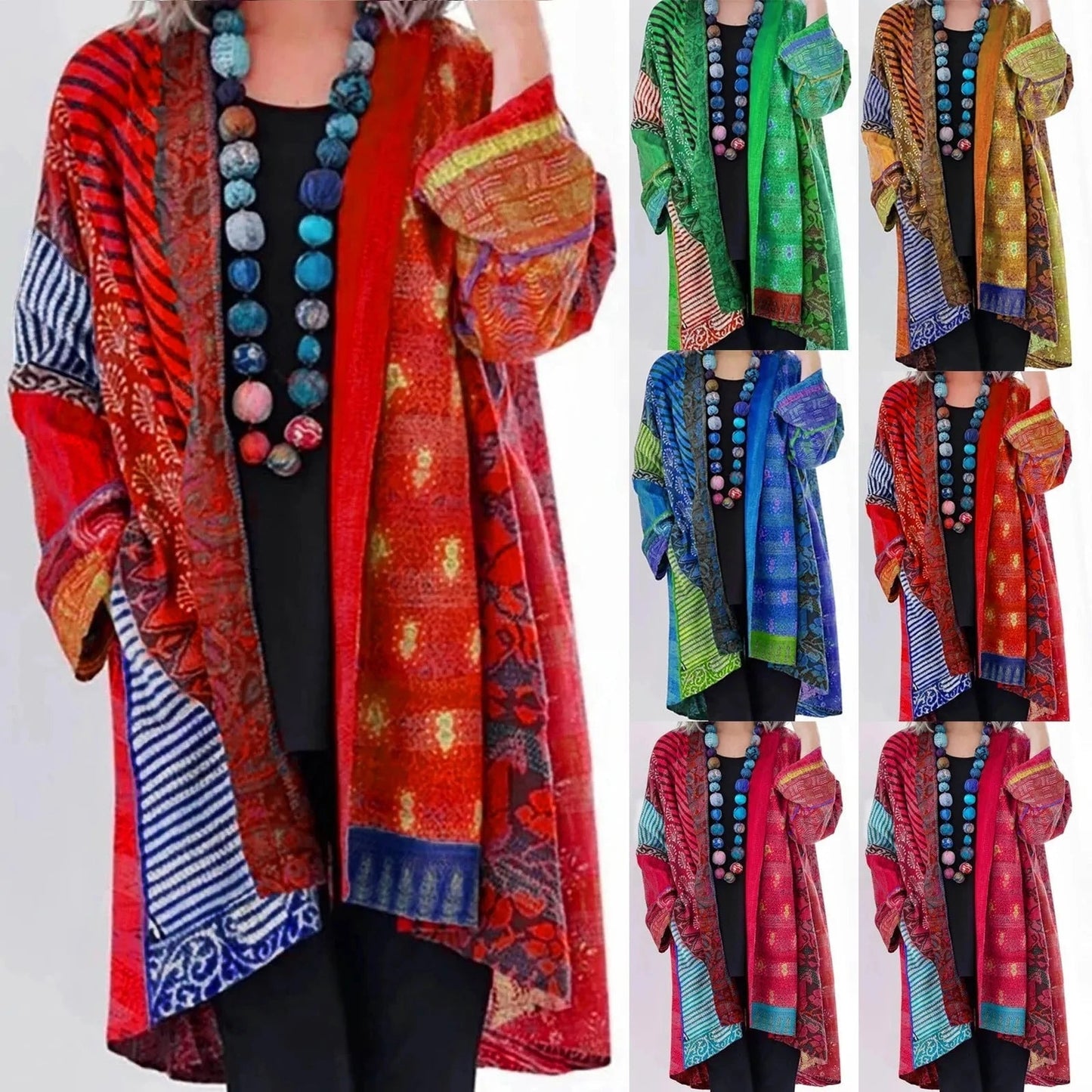 Maëlys | Cardigan Long Femme Lin Imprimé Vintage Multicolore