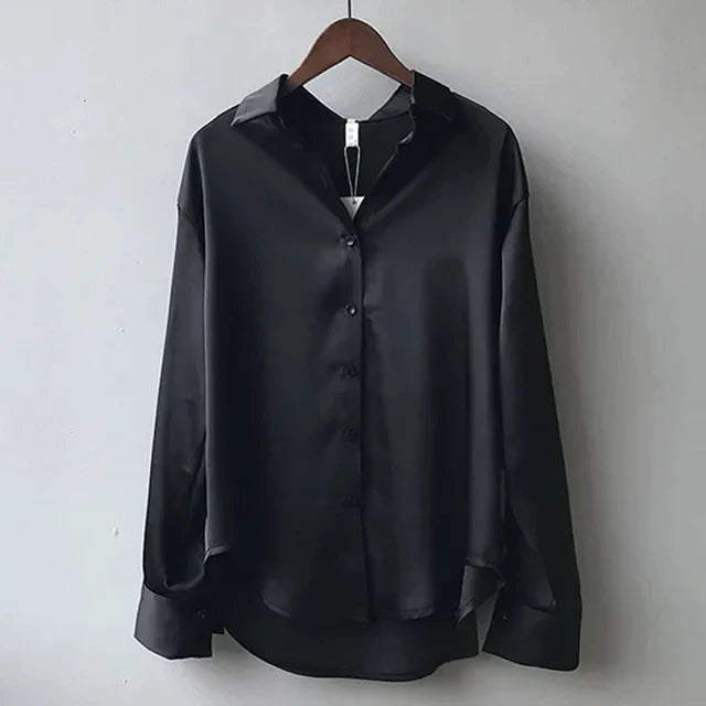 Miriam | Blouse Femme Élégante à Col Revers Boutonnée Manches Longues Brillante Uni