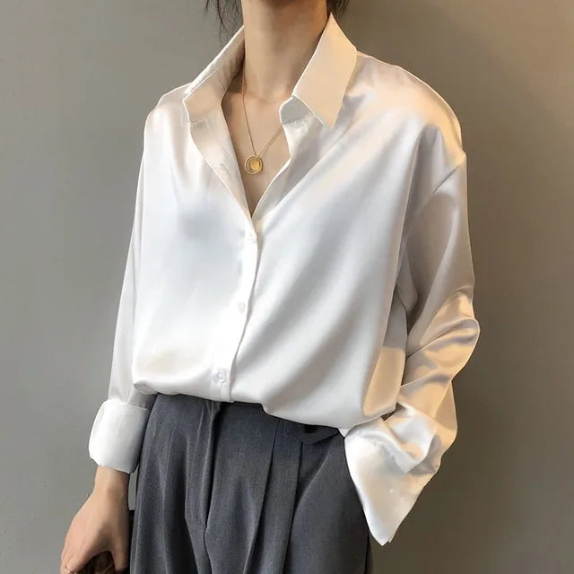 Miriam | Blouse Femme Élégante à Col Revers Boutonnée Manches Longues Brillante Uni