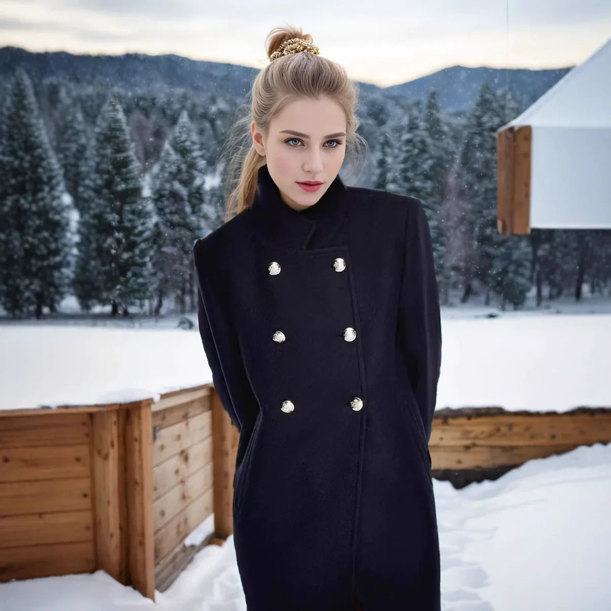 Cerisse | Manteau Femme Chic en Laine Mélangée, Coupe Ajustée, Boutons Doubles et Col Montant